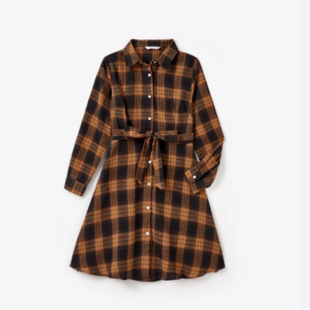 Women Brown and Black Check Plaid Shirt Button-Down Long Sleeve Belted Dress